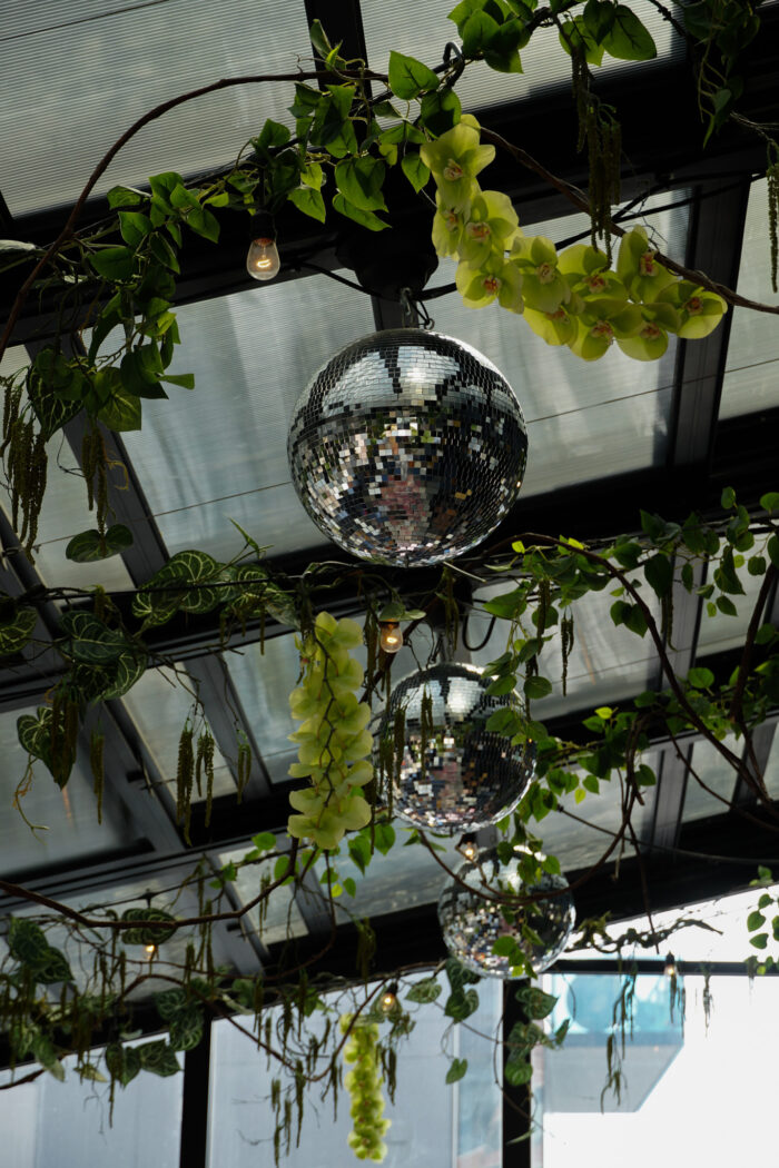 Disco balls hanging from the ceiling, surrounded by green vines and orchids under a glass roof.