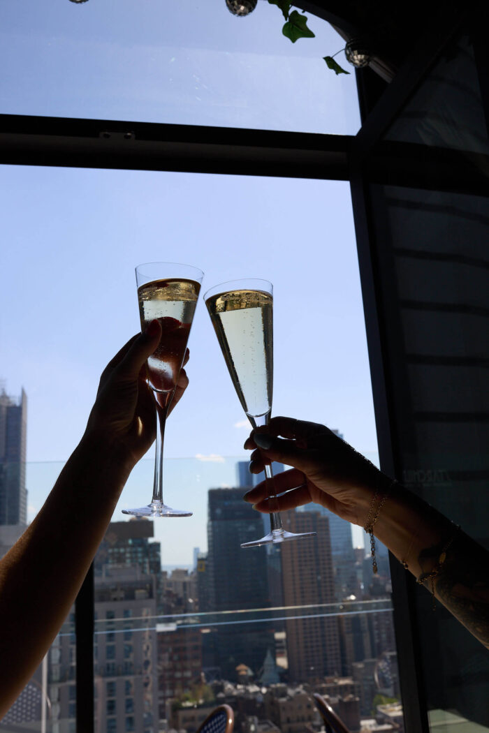 Two people toasting champagne flutes with city skyline in background.