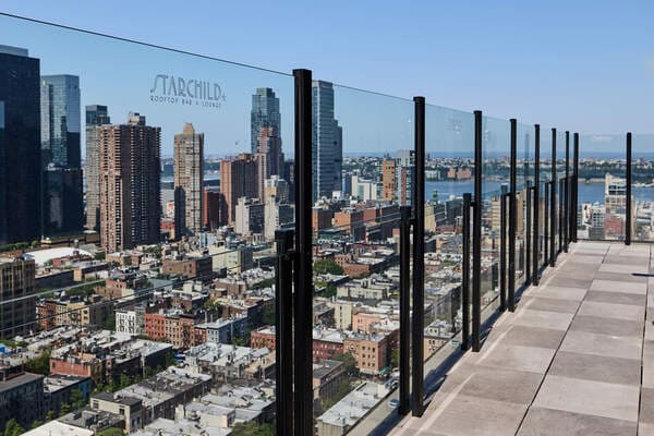 Rooftop view of Manhattan skyline from Starchild Rooftop Bar & Lounge.