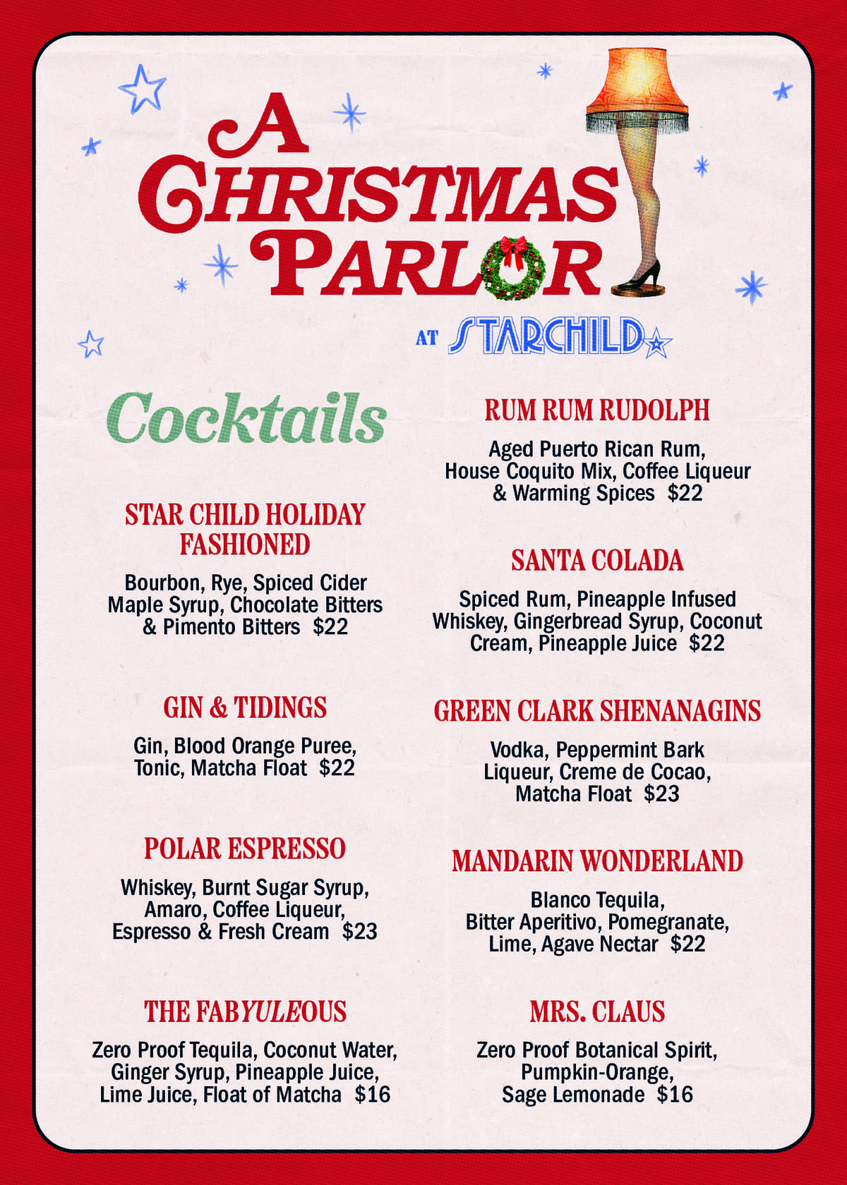 Christmas-themed cocktail menu from Starchild featuring drinks like Rum Rum Rudolph and Polar Espresso with holiday ingredients and prices.