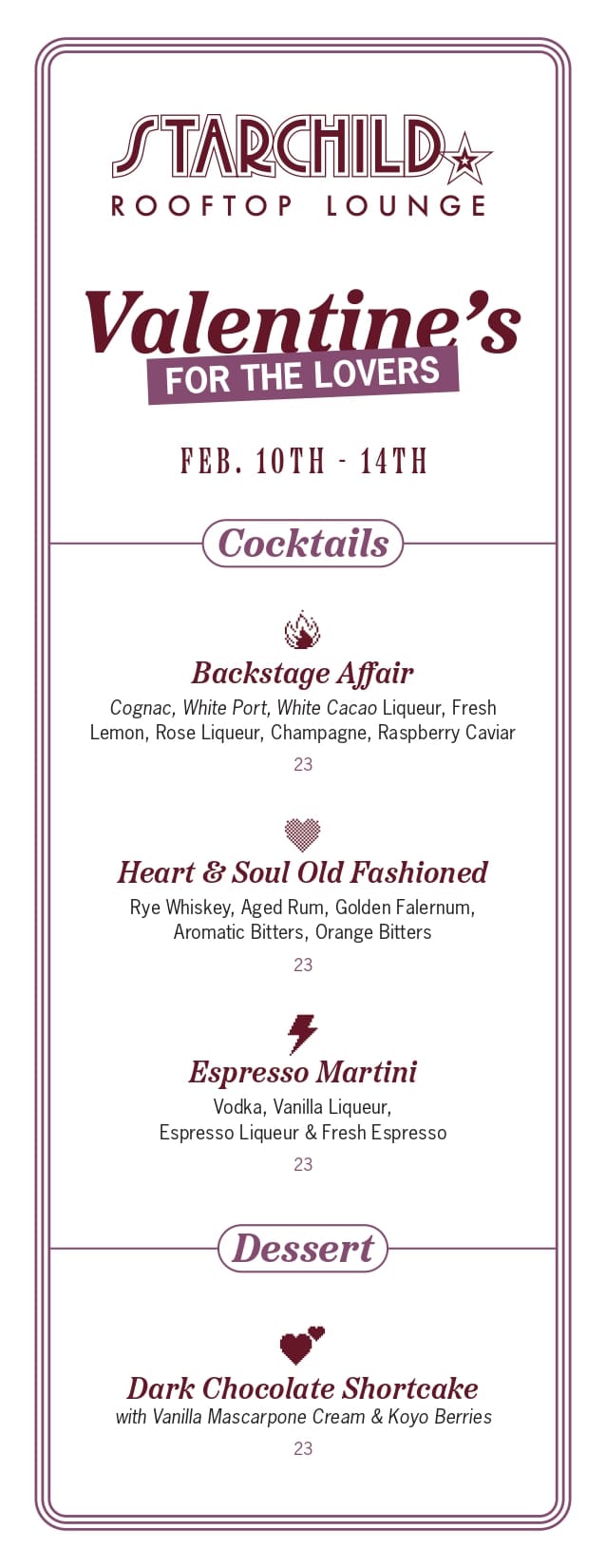 Valentine’s Day cocktail and dessert menu at Starchild Rooftop Lounge featuring specialty drinks and dark chocolate shortcake